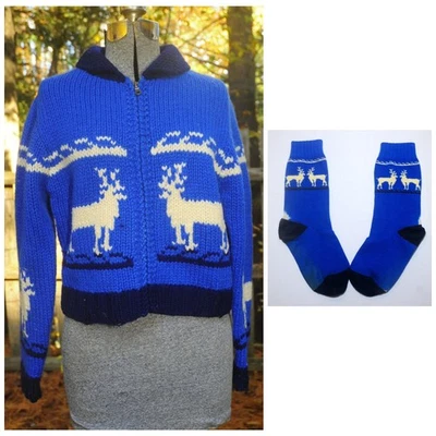 VTG 90's The Limited America Blue Wool Reindeer Sweater & Matching Socks Size SM - Image 1 of 4