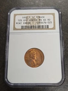 1952-D Lincoln 1c Cent Penny Struck 10% Off Center Mint Error NGC MS64 MS 64 RD - Picture 1 of 5