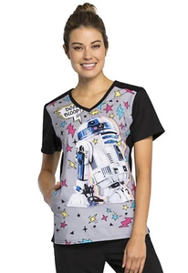 Artoo R2D2 Cherokee Scrubs Tooniforms Star Wars V Neck Knit Panel Top TF622 SREE - Picture 1 of 6