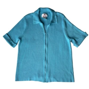 Quacker Factory Knit Top 2X Ribbed Full Rhinestone Zip Turquoise Short Sleeve - Picture 1 of 9