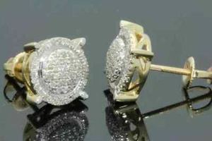 Real Moissanite 2Ct Round Cut Men's Cluster Stud Earrings 14K Yellow Gold Plated - Picture 1 of 4