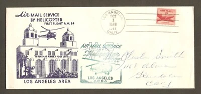 1947 Helicopter Los Angeles Terminal Annex First Flight US Air Mail Stamp Cover - Image 1 of 3