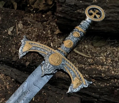 Los Caballeros Templarios | Espada Cruzada Personalizada Hecha a Mano Damasco Acero con Cuero Foto 1 de 4