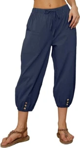 Navy Women Capri Pants Casual Drawstring Elastic High Waist Baggy Wide - Picture 1 of 6