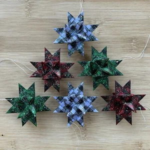 6 Moravian Star Ornaments 2" Buffalo Plaid Christmas Handmade Paper Wax Glitter - Picture 1 of 6
