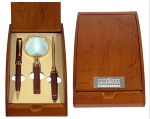 California Casino Rosewood Brass Pen Letter Opener Magnifier Gift Set Wood Case - Picture 1 of 7