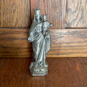 Antiguo icono de ídolo cristiano de 4" metal fundido Virgen María niño con coronas DSR Francia - Imagen 1 de 5
