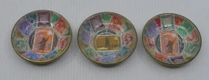 3 VINTAGE ISRAEL POSTAGE STAMP DECORATED SMALL TRINKET BOWLS, GLASS & BRASS - Picture 1 of 6