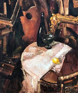 Original Ölgemälde Kirill Malkov russischer Künstler Interieur Stillleben Wein - Bild 1 von 6