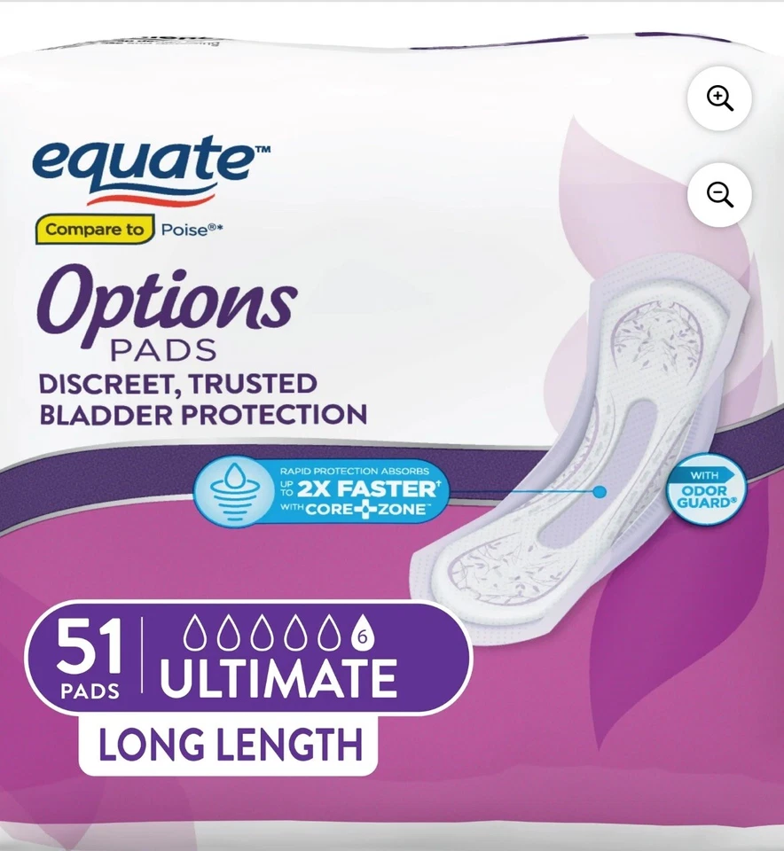 Equate Options Women's Incontinence Pad Ultimate Absorbency Long Length 51 Count