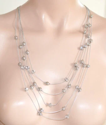 Collana donna argento girocollo lunga multi fili ciondoli sfere strass UN50 - Immagine 1 di 3