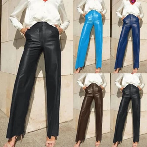 Ladies Work Faux Leather Pants High Waist Pockets Straight Leg Trousers Party UK - Picture 1 of 21