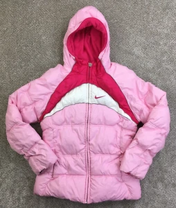 Nike Jacket Girls Extra Large Pink White Puffer Full Zip Hooded Quilted Swoosh - Picture 1 of 15