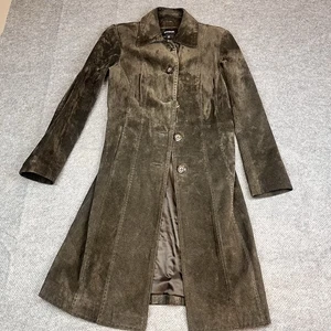 Gabardina Express marrón oscuro larga abotonada de cuero gamuza para mujer talla 3/4 - Imagen 1 de 15