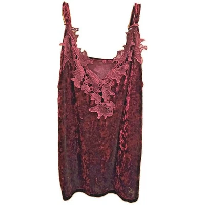 Vintage Deep Burgundy Crushed Velvet Lace Women's  Floral  Tank Top - Image 1 of 4
