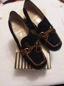 ladies shoes 1970s Florsheim "Ramblers" black suede Chunky Heels 6.5 B box vtg - Picture 1 of 11