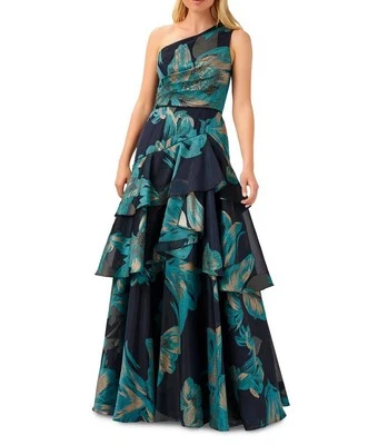 Aidan Mattox Women's One Shoulder Tiered Ruffle A-Line Metallic Ball Gown Size 6 - Image 1 of 4
