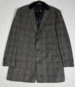 Tallia Long Coat Men XL Plaid Wool Blend Heavy Blue Velvet Collar Classic Lined - Picture 1 of 16