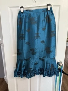 Y2K Vintage Teal Satin Floral Skirt Size 12 Ruffle Hem MIDI Slip Style Retro 00s - Picture 1 of 6
