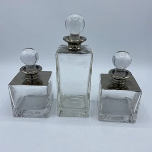 3 Art Deco Bauhaus Glass Decanters With White Metal Chrome Top & Stoppers - Picture 1 of 10