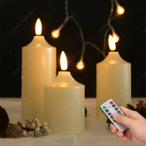 Set of 3 Flameless Flickering LED Pillar Candles with Timer Remote Home Decor - Picture 1 of 13