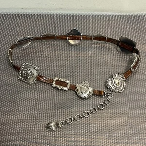 Brighton 1993 Belt Silver Medallion Vintage Concho Brown Leather 41507 Size S - Picture 1 of 18