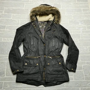 BARBOUR Kelsall Waxed Jacket Womens Size 8 Black Cotton Hooded Faux Fur Trim - Picture 1 of 12