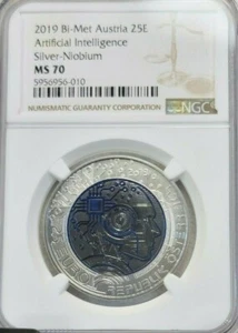 2019 AUSTRIA 25 EURO SILVER NIOBIUM ARTIFICIAL INTELLIGENCE NGC MS 70 PERFECTION - Picture 1 of 4