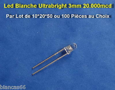 *** Lot De 10*20*50 Ou 100 Led Blanche Ultra Bright 3mm 20000mcd *** • 2.50€