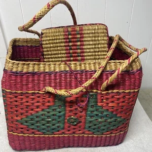 Handmade Woven Multicolor Seagrass Straw Basket Made In Peru 16" X14" X 12" - Picture 1 of 10