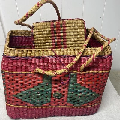 Handmade Woven Multicolor Seagrass Straw Basket Made In Peru 16" X14" X 12" - Image 1 of 4