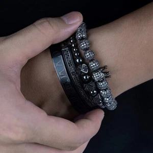 Men's Luxury Black CZ Ball Crown King Roman Numeber Charm Bead Bracelets Jewelry - Picture 1 of 26