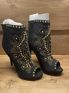 Zigi Soho Black Boots Womens 6.5 M Faux Suede Stretch Gold Stud Heels Booties - Picture 1 of 9
