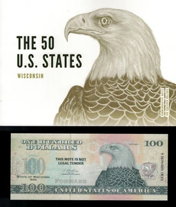 Banconota Fantasy Commemorativa 100 Dollari "I 50 Stati USA - Wisconsin" Aquila Calva - Foto 1 di 4