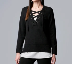 Simply Vera Wang Sweater Women's Size S Black Mock-Layer Lace Up Long Sleeve - Picture 1 of 10