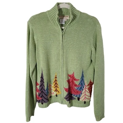 Norm Thompson Vintage size Small full zip pine tree pattern knit sweater green — 第 1/4 张图片