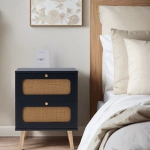 2-Drawer Rattan Nightstand End Table Bedside Table for Bedroom Living Room - Picture 1 of 15
