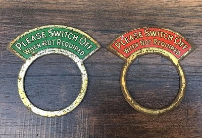 PAIR ANTIQUE “SWITCH OFF WHEN NOT REQUIRED”LIGHT SWITCH SURROUNDS / METAL LABELS - Image 1 of 4