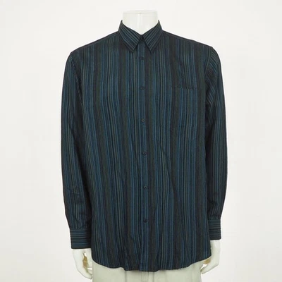Jhane Barnes Button Down Shirt Mens Large Black Blue Striped Viscose Knit Blend - Image 1 of 4