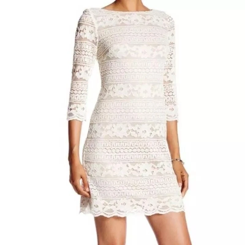 Mini Vestido Eliza J Superpuesto de Encaje Para Mujer Talla 8 Crema Manga 3/4 Formal Noche C Foto 1 de 4