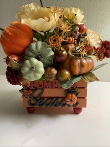 Fall Scarecrow & Pumpkins Small Wood Crate Tiered Tray Table Decor Florals New - Picture 1 of 11