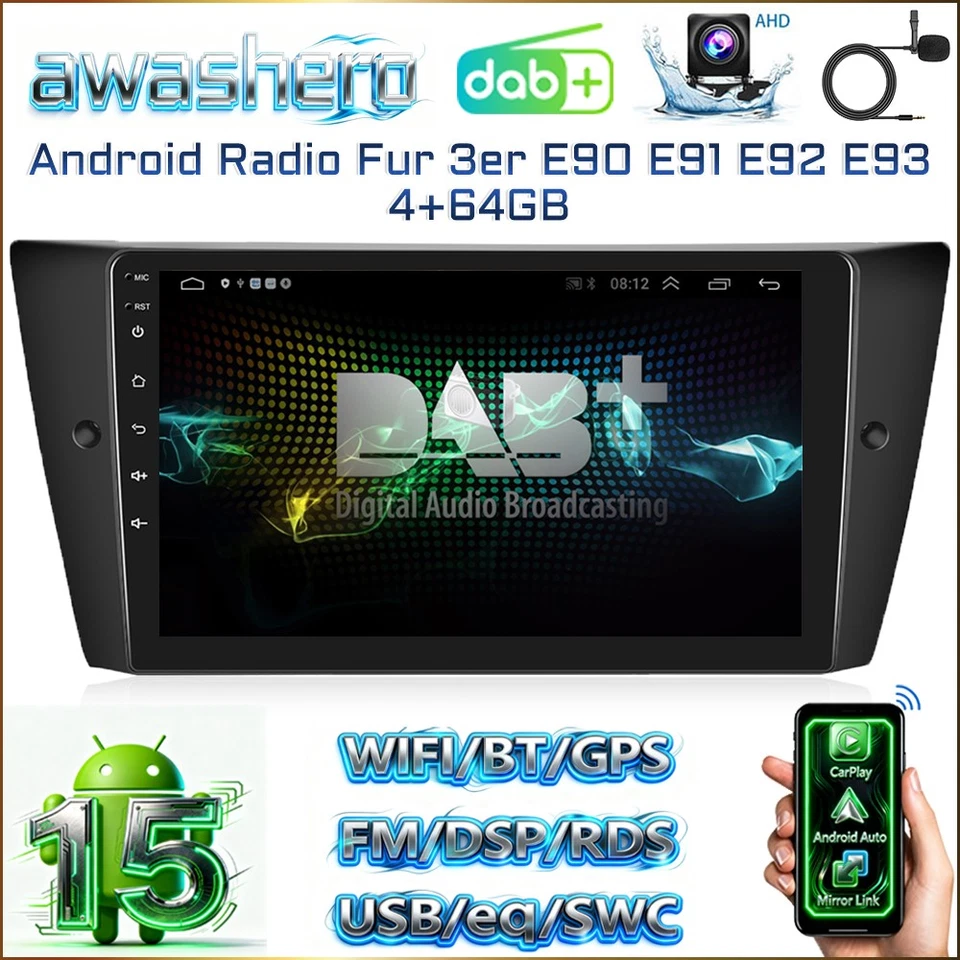 9'' Carplay 4+64GB Autoradio Android 15 GPS RDS Für BMW 3er E90 E91 E92 E93 DAB+ - Bild 1 von 4