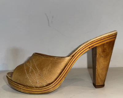 Vtg 70s 80s Size 6 Wood Heel Slides Platform Heels Shoes Brazil Buskins Hippy - Image 1 of 4