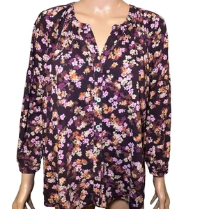 J Jill Floral Button Up Top XL Petite 3/4 Sleeve Plum Purple Blouse - Picture 1 of 9