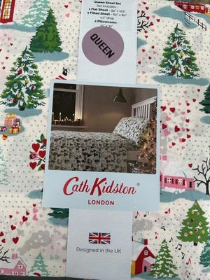 Cath Kidston  Queen Sheet Set 4pc Holiday snow village  Red & Green, New - Image 1 of 3