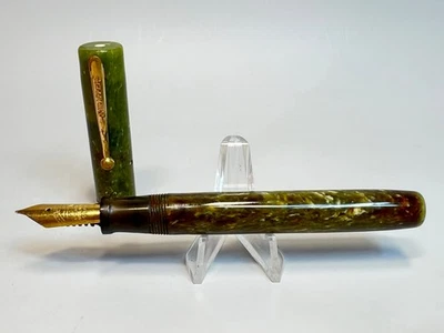 1920 Sheaffer Flat Top Slender Full Size 14k Nib Fountain Pen Jade Green Marbled - Image 1 of 4