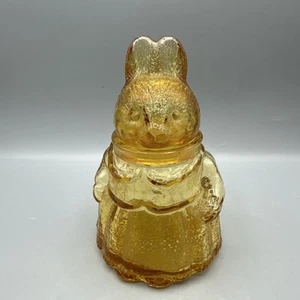 Vintage Amber Gold Glass Bunny Rabbit Wearing Dress Candy Jar Canister 6.5" - Picture 1 of 10