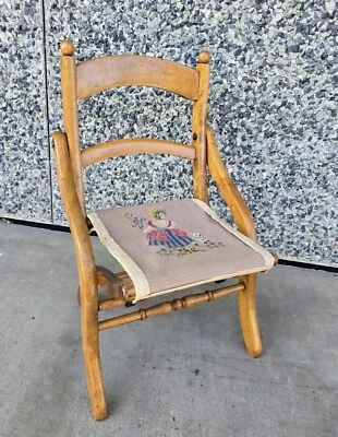Vintage Folding Wood Childs Size Carpet Chair Needlepoint Seat - Image 1 of 4