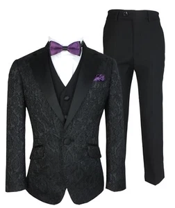 Exclusive Boys Black Jacquard Embroidered Tuxedo Suit Page Boy Prom Wedding - Picture 1 of 11