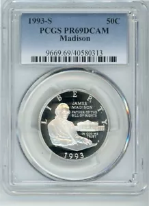 1993S JAMES MADISON COMMEMORATIVE HALF DOLLAR PCGS PR69DCAM Cert. 40580313 - Picture 1 of 2
